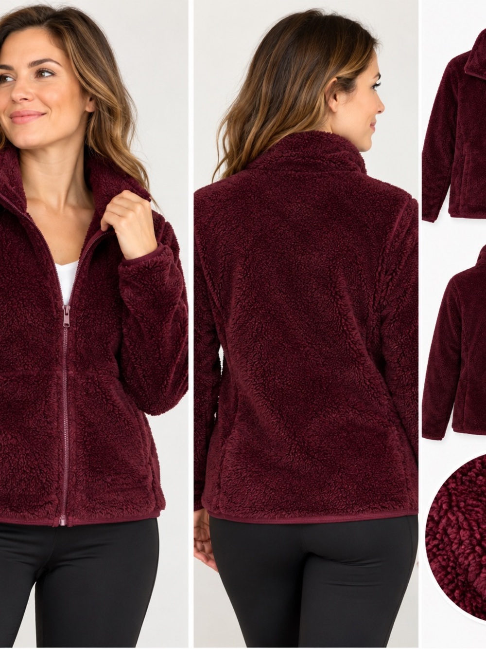 CORE Life Trendy Burgundy Sherpa Fleece Zip Jacket Winter Size S
